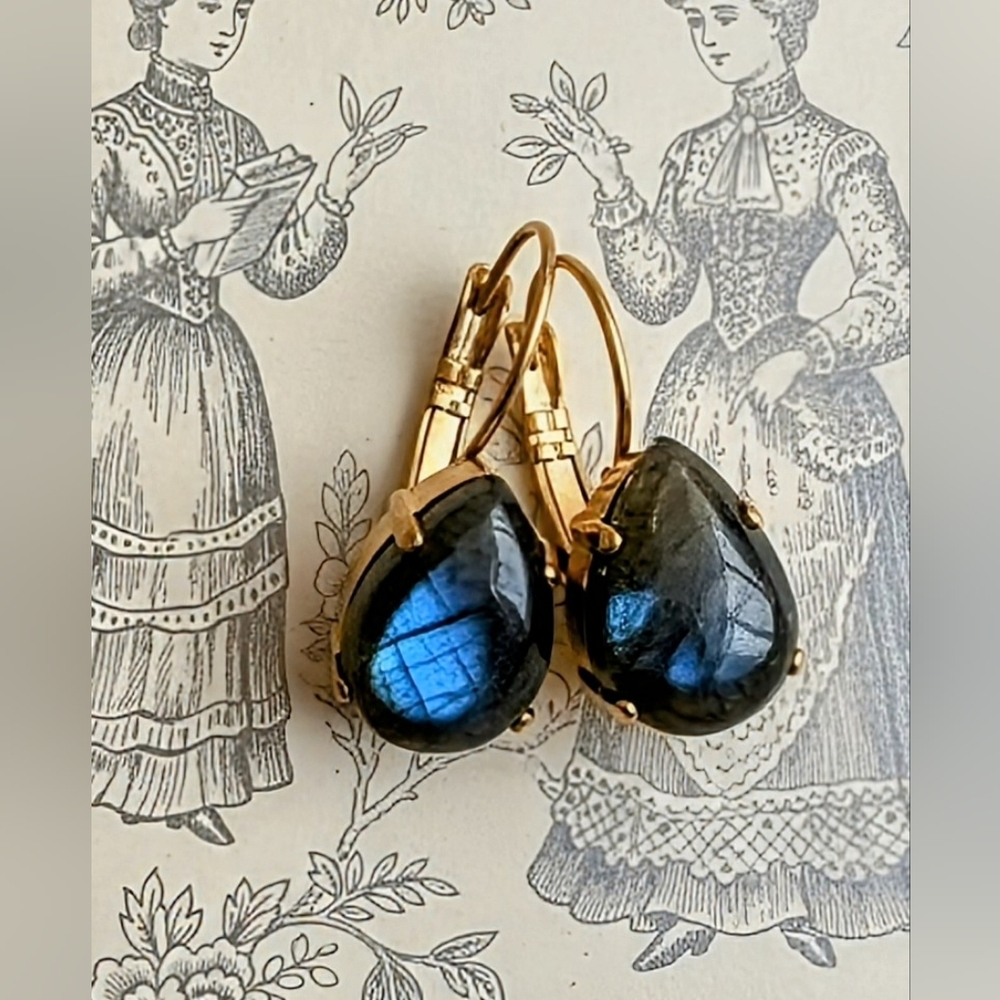 Classic Natural Labradorite In Gold Plated Drop Earrings All Natural Minimalist